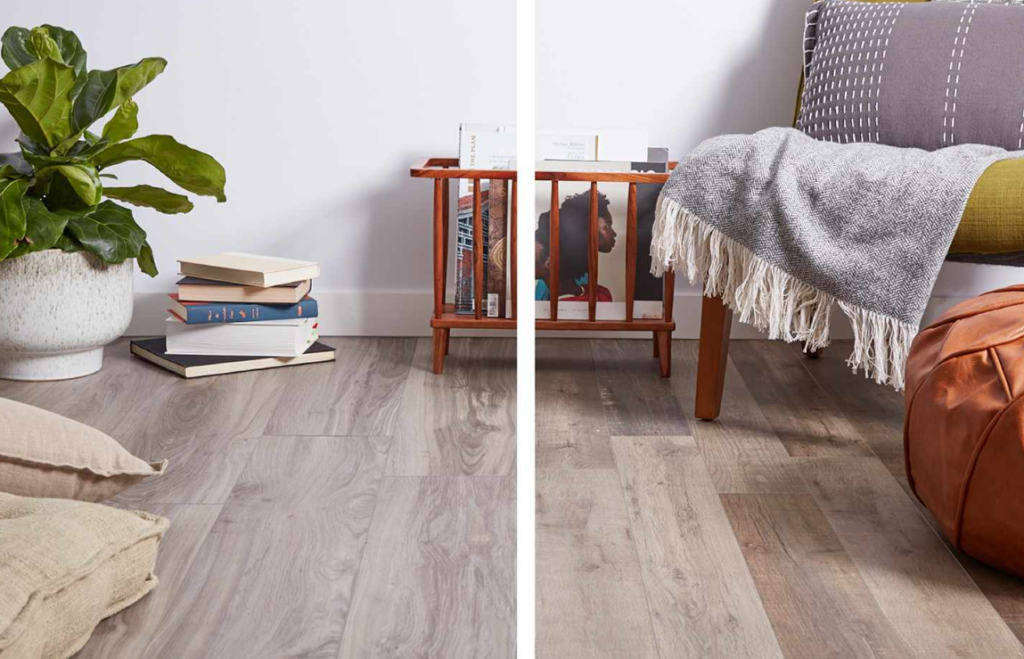 Side-by-side view of Laminate vs Vinyl Flooring showing textures and finishes