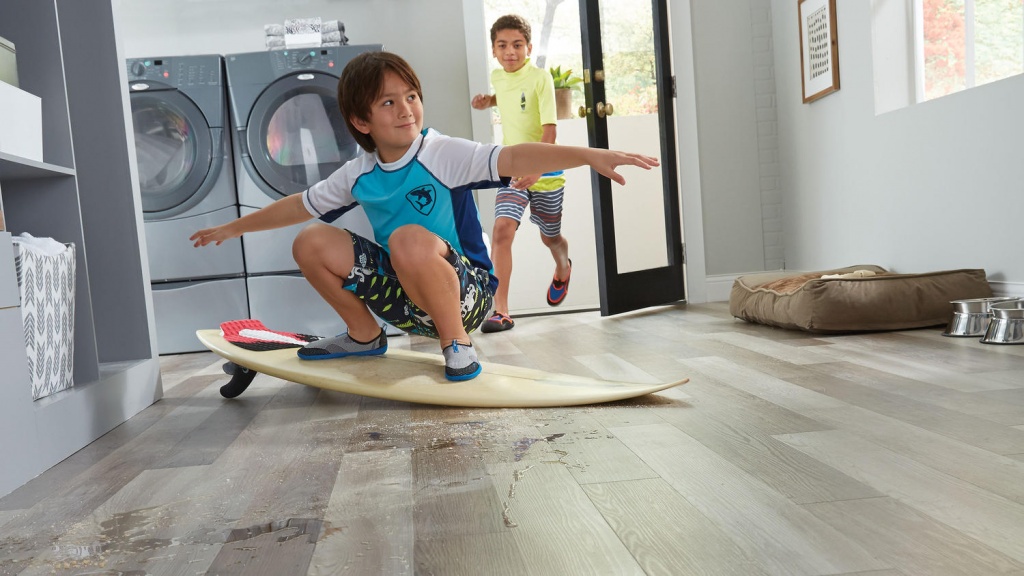children playing on durable waterproof flooring in bright home interior