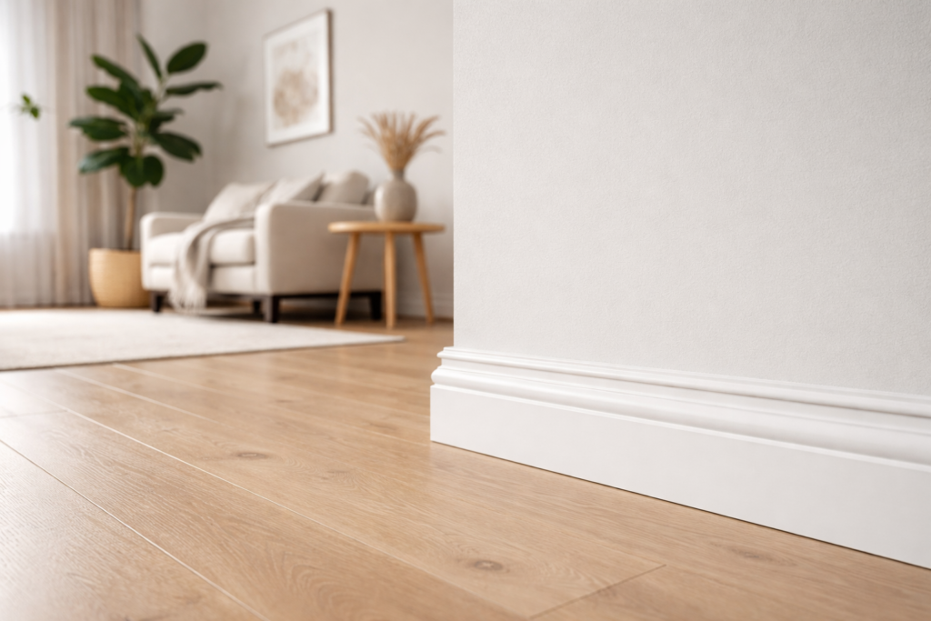 Modern living room interior with white baseboards along warm wooden flooring, creating a clean and refined wall-to-floor connection.