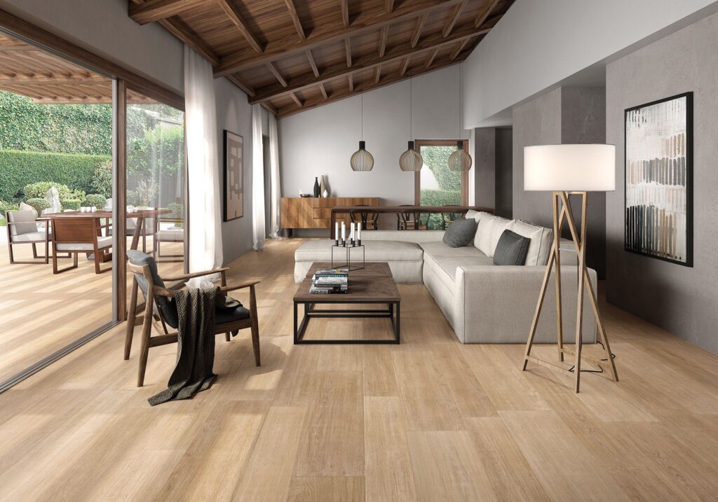 Modern home interior displaying multiple flooring styles matched with various décor themes such as minimalist, rustic, and contemporary designs.