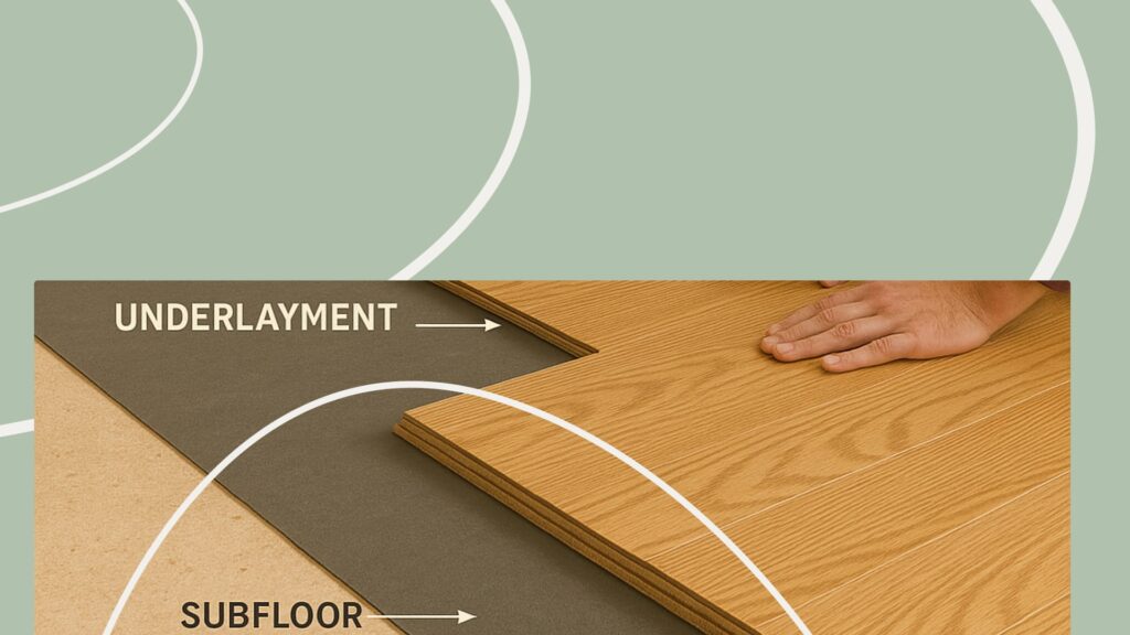 Flooring installation process showing protective underlayment layer beneath laminate or vinyl planks, adding strength and stability.